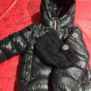 Authentic Moncler Shiny Black Puffer Jacket with Knit beanie bundle
